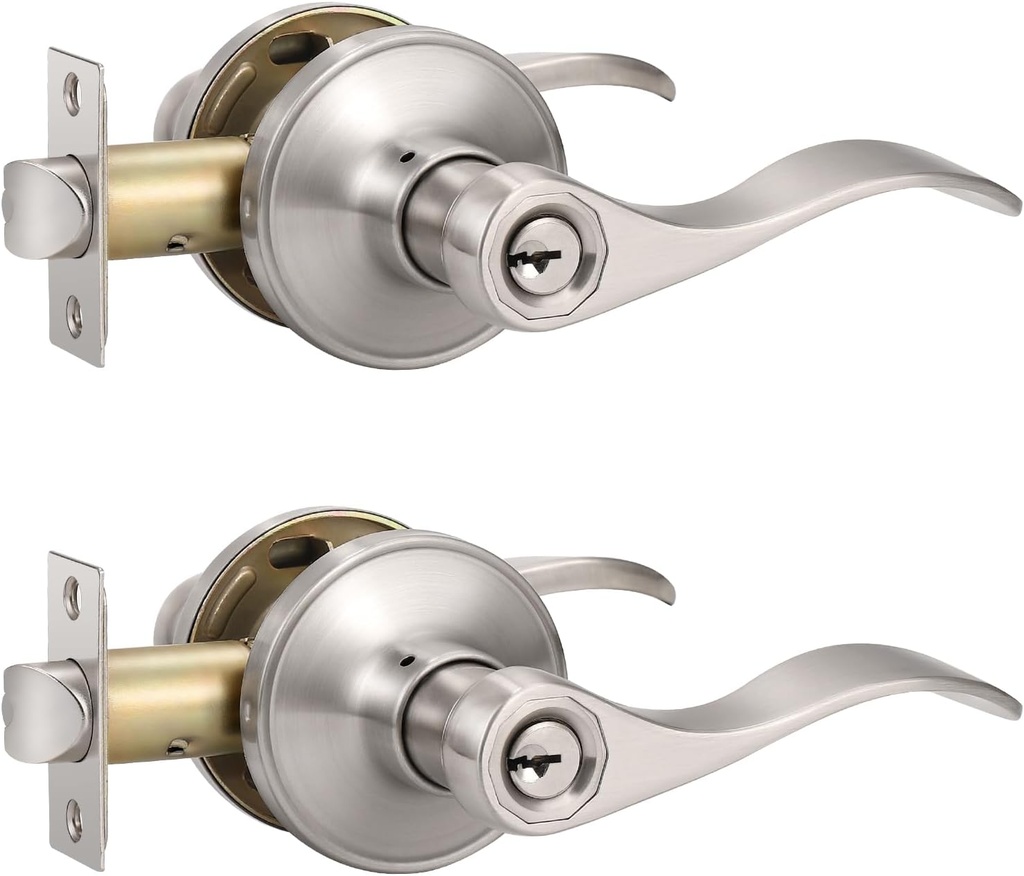 Knobonly 2 Pack Keyed Alike Satin Nickel Entrance Door Handle, Reversible Wave Style Exterior Keyed Entry Door Lever