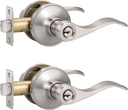 Knobonly 2 Pack Keyed Alike Satin Nickel Entrance Door Handle, Reversible Wave Style Exterior Keyed Entry Door Lever