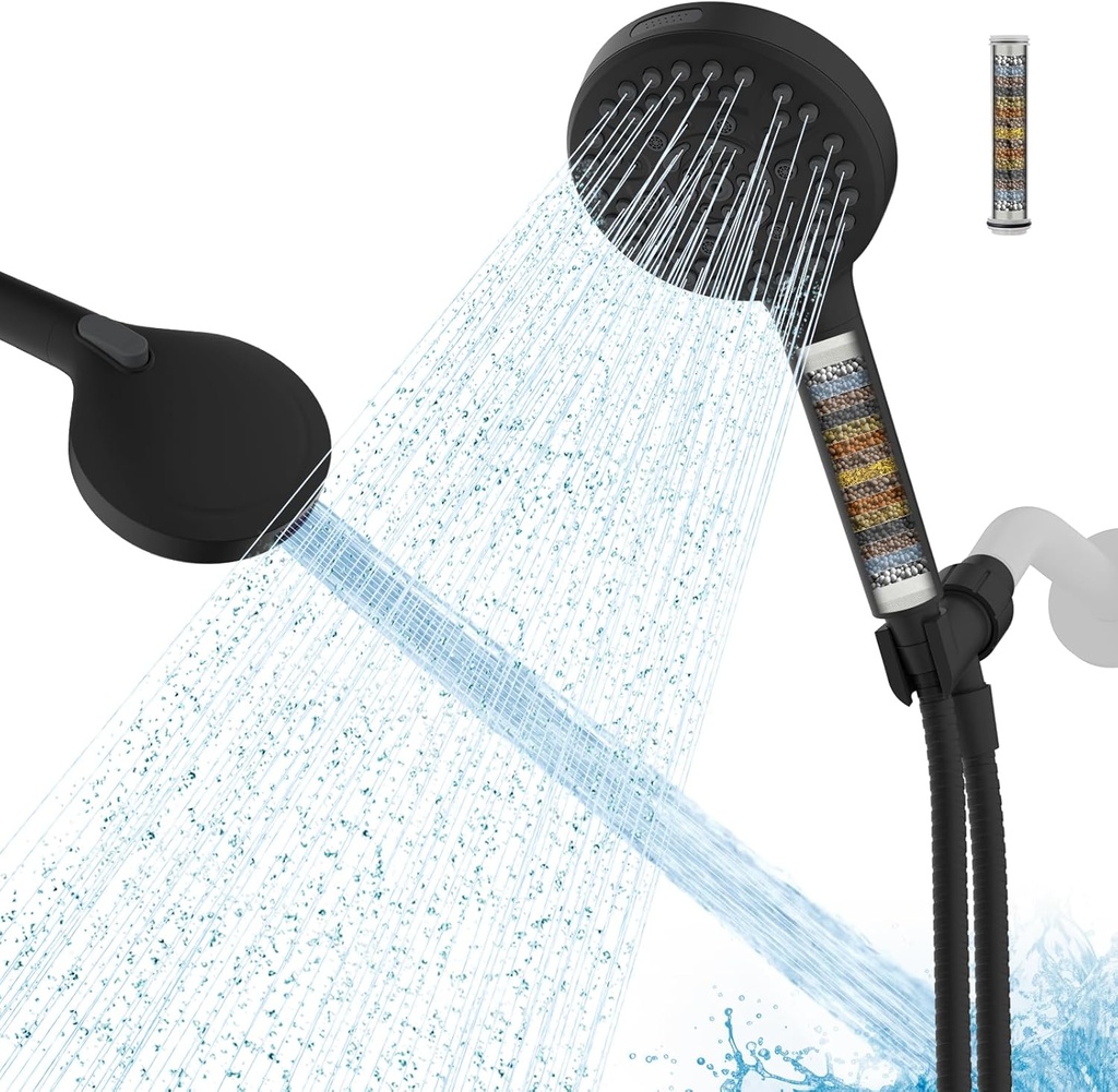 Hibbent Filtered Shower Head with Handheld, High Pressure 10 Spray Showerhead with Filters, Water Softener for Hard Water-Remove Chlorine, Reduces Dry Itchy Skin, Improve Skin& Hair Texture, Black