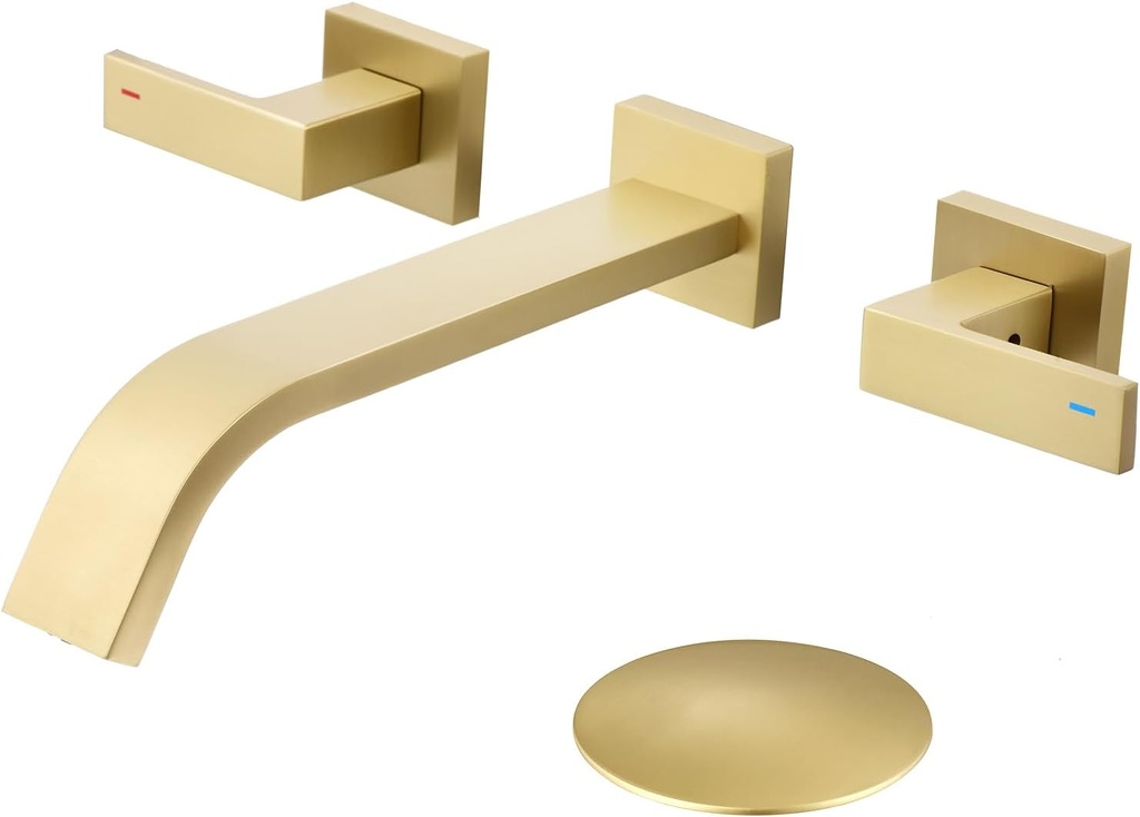 Brass Wall Mount Bathroom Faucet,Wall Mounted Vessel Sink Faucet with Dual Lever Handles,Widespread 3 Holes Wall Faucet for Vanity Lavatory Sink,Pop Up with Overflow Drain Assembly Included