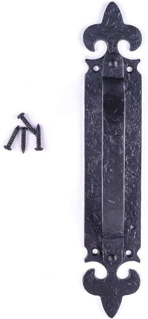 Renovators Supply Manufacturing Decorative Large Door Handle 10.5 Inch Use for Push Pull Or Slide Doors in Wrought Iron Antique Colonial Forged Design in Black Fleur De Lis Includes Mounting Hardware