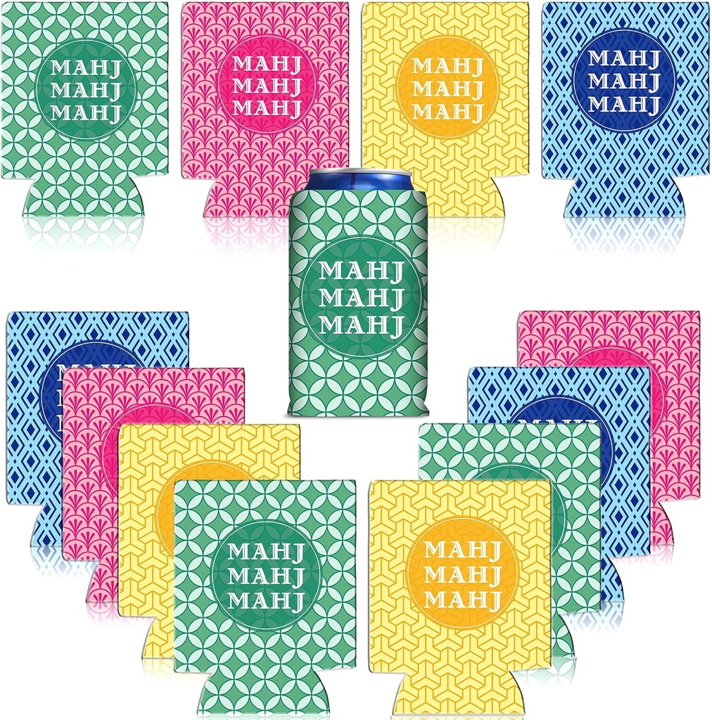 12 Pcs Mahjong Party Can Coolers Bulk Can Cooler Sleeves Insulated Neoprene Bottle Drink Holders Soft Cover Gifts Mahjong Party Decorations Supplies for Soda Beverage Women Men