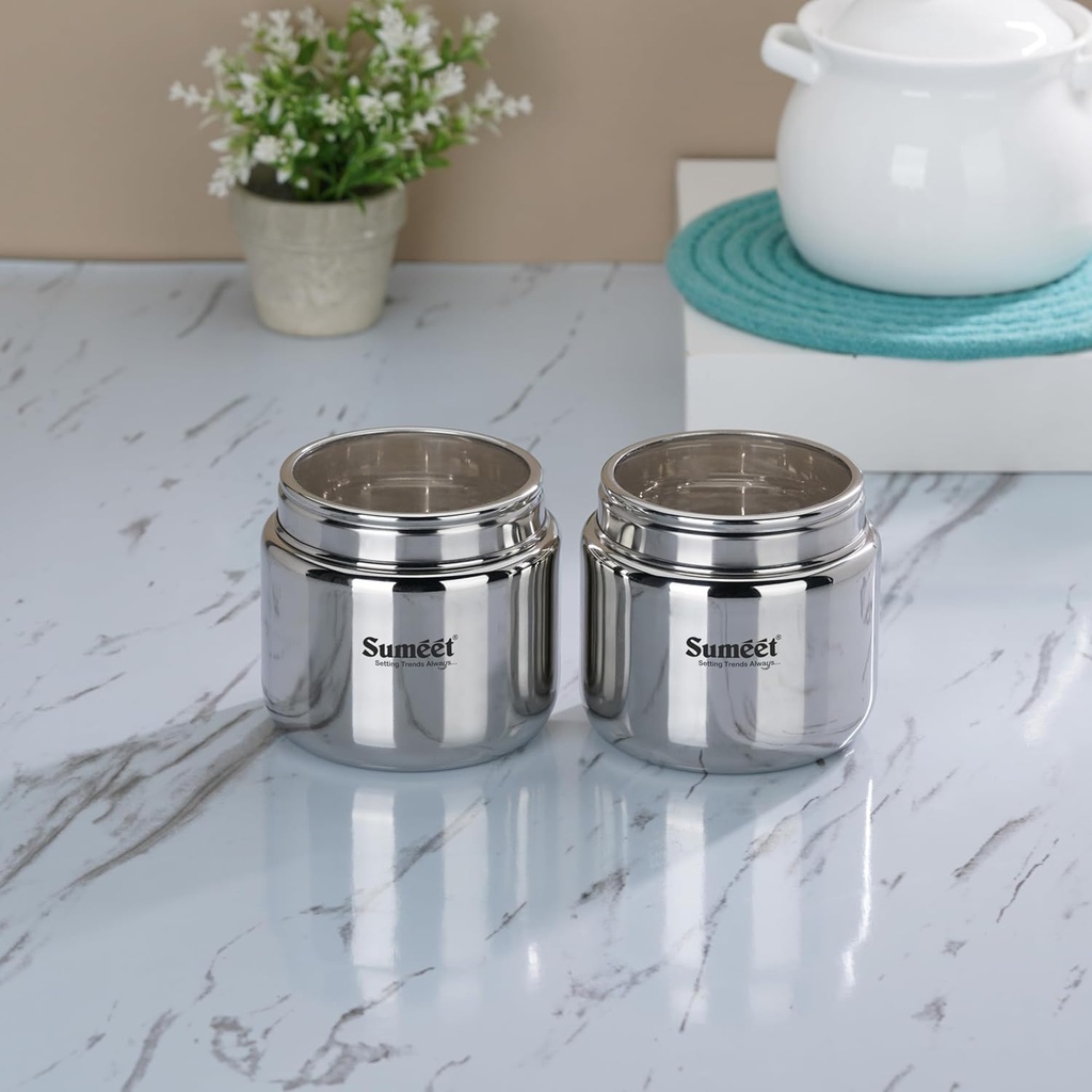 Sumeet Stainless Steel Small Canisters/Dabba/Storage Containers for Kitchen with See Through Lid, Set of 2 Pcs, 400ml Each, 9cm Dia, Silver, CTJARSMALL-2PC