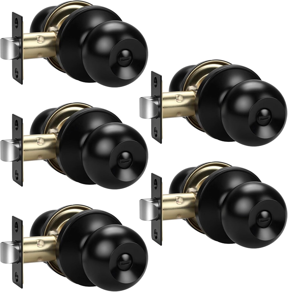 KNOBWELL Matte Black Door Knobs, Keyless Privacy Door Knob for Bedroom Bathroom, Interior Door Knobs with Round Ball Shape Knob, Stainless Steel Indoor Door Knob, 5 Pack