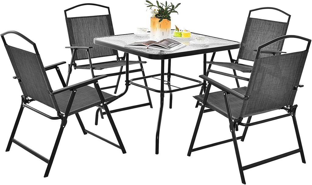 Giantex Patio Table and Chairs for 4, Outdoor Dining Set with 4 Folding Chairs, Tempered Glass Table with Umbrella Hole, Weather Resistant, 4 Pieces Patio Dining Set, for Bistro Backyard Pool