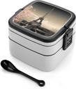 Paris Bento Box, Reusable Double Layer Lunch Box with Handle & Dividers, 1000ml Leakproof Lunch Container for Office, Picnic, Travel