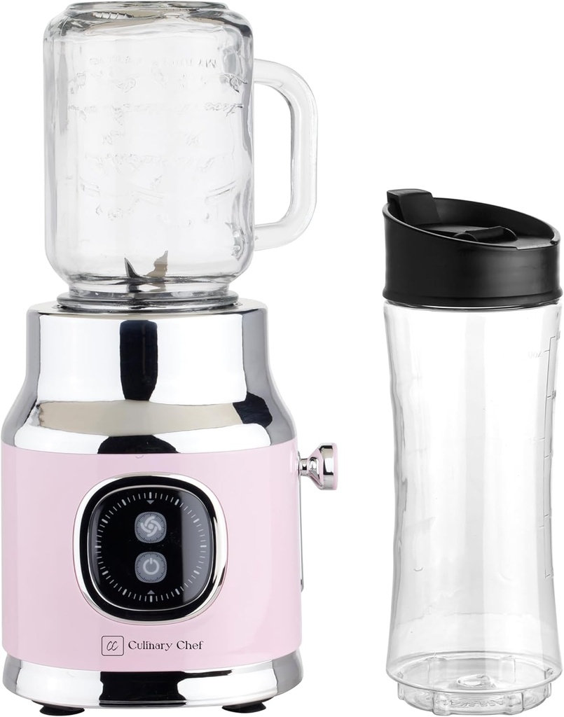 CULINARY CHEF Retro Smoothie Maker Blender with Mason Jar, Perfect for Shakes and Smoothies, 300-Watt, PINK