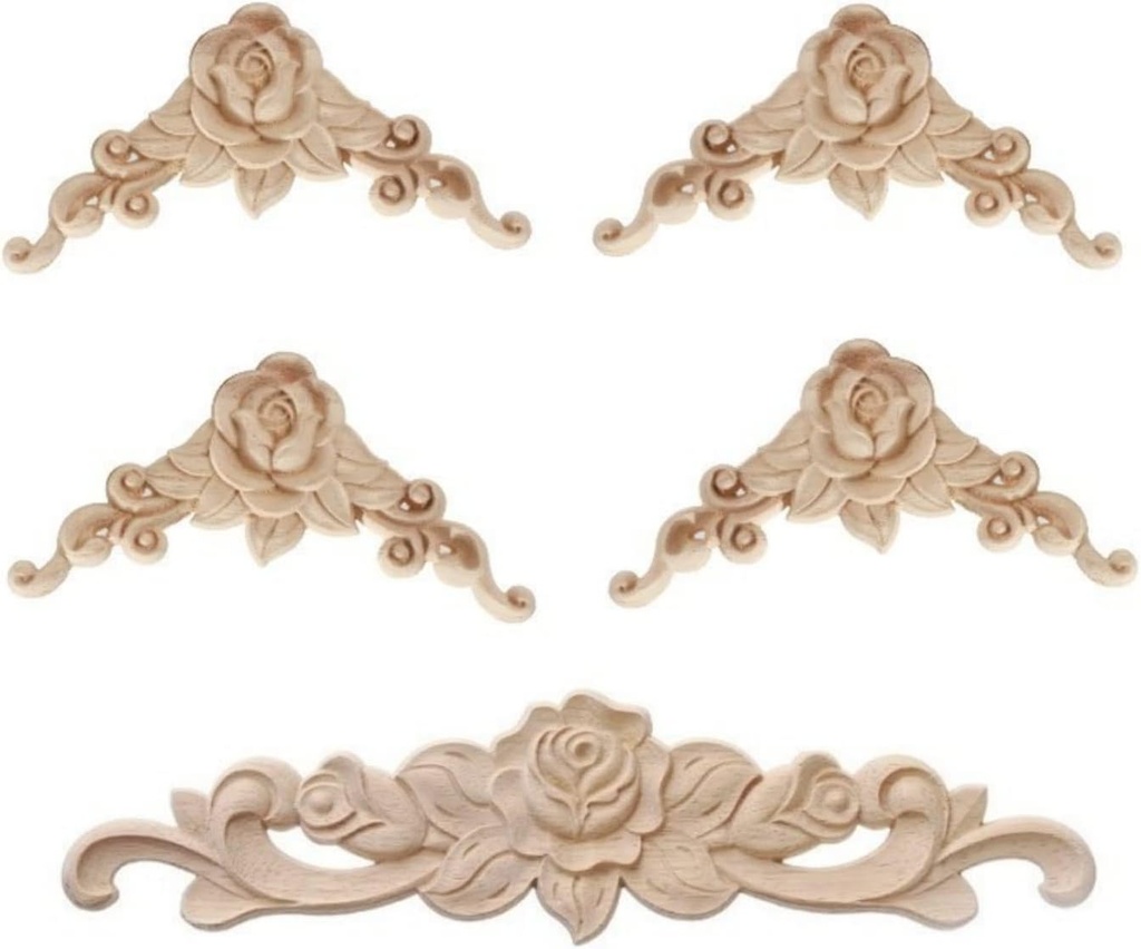 5PCS Wood Appliques Onlays Decorative for Furniture Carved Bed Door Cabinet Wardrobe Long Decoration Unpainted Carving, 01