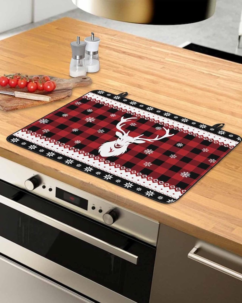 Christmas Countertop Burners Protection Mats for Kitchen, Elk Deer Snowflakes Vintage Plaid Red Rubber Stove Top Cover Mat, Heat Proof Mats Cooktop Cover for Counter Dish Drying Mat, 24"x21"