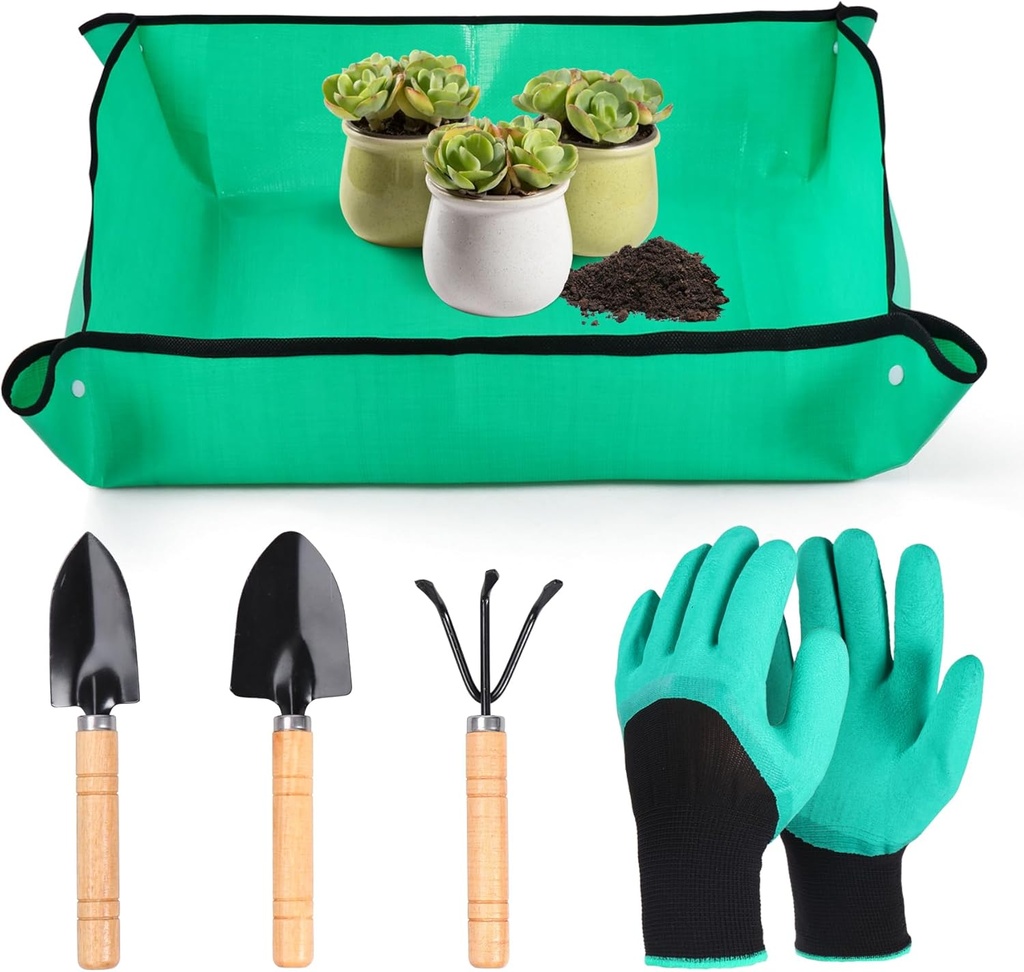 Garden Tools Set, Heavy Duty Stainless Steel Gardening Tools with Ergonomic Handles, Includes Shovel, Rake, Trowel, Repotting Mat & Gloves, Suitable for transplanting Bonsai, Cacti, Indoor Plants