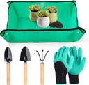 Garden Tools Set, Heavy Duty Stainless Steel Gardening Tools with Ergonomic Handles, Includes Shovel, Rake, Trowel, Repotting Mat & Gloves, Suitable for transplanting Bonsai, Cacti, Indoor Plants