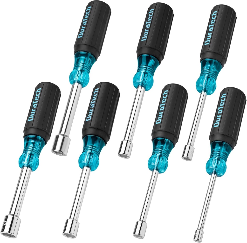DURATECH 7 PCS SAE Nut Driver Set, Chrome Vanadium Steel Nut Drivers with Non-Slip Handles, Sizes 3/16, 1/4, 5/16, 11/32, 3/8, 7/16, 1/2-Inch, 1-Inch Hollow Shaft, Easy Nuts Tightening and Unscrewing
