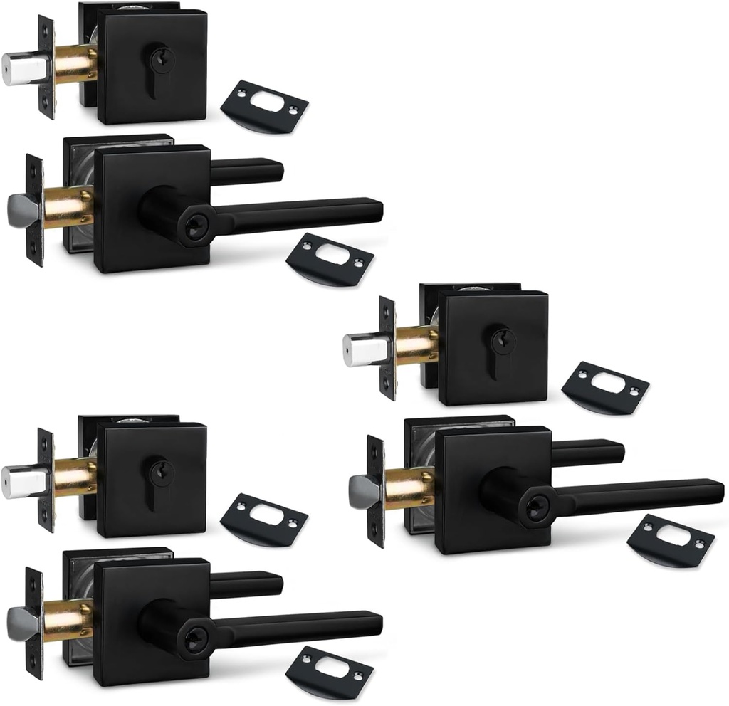 NEWBANG (3Pack Square Heavy Duty Keyed Entry Combo with deadbolt and Lever Door Handle in Matte Black (for Entrance/Exterior/Front/Office Door) Left or Right Handed