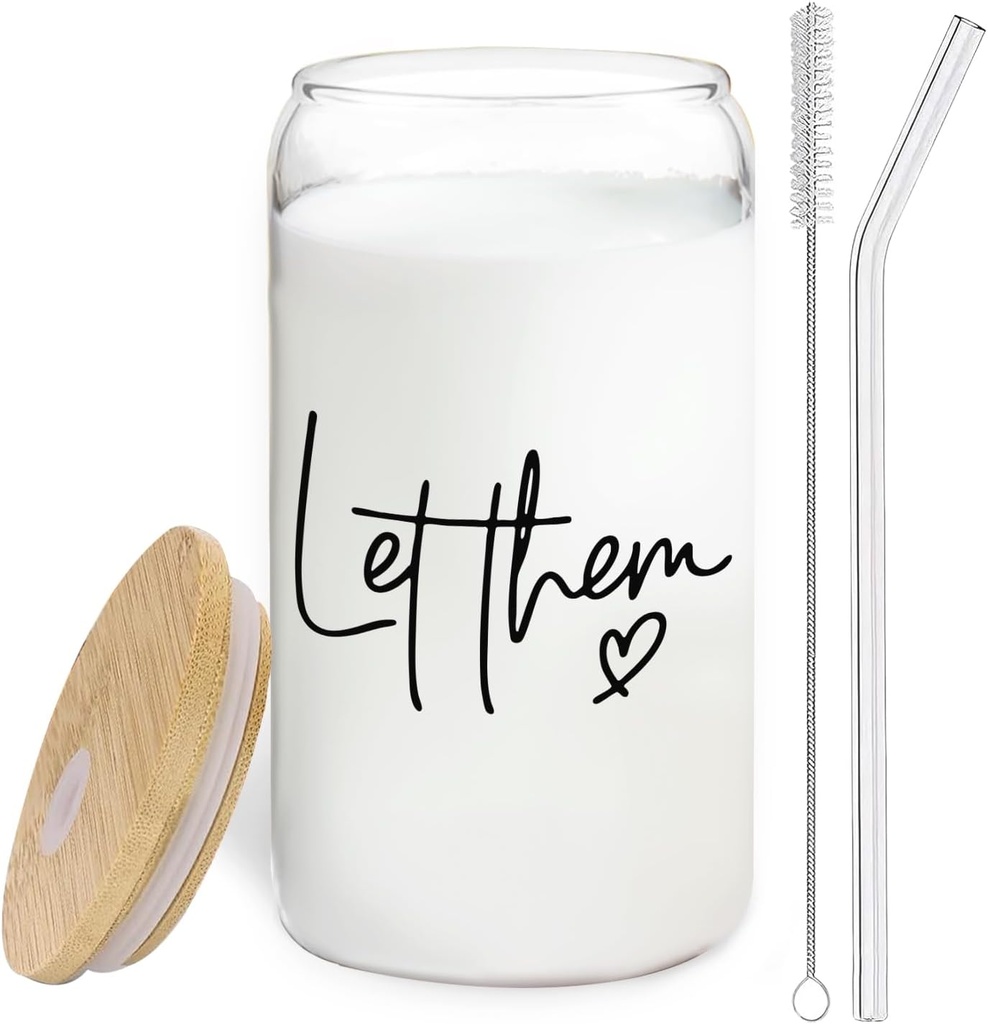 Let Them Inspirational Glass Cup with Lids and Straws 14oz, Encouragement Gifts for Women Men, Self Love Gifts, Self Care Affirmation Glass Coffee Tumbler Drinking Jars with Cleaning Brush