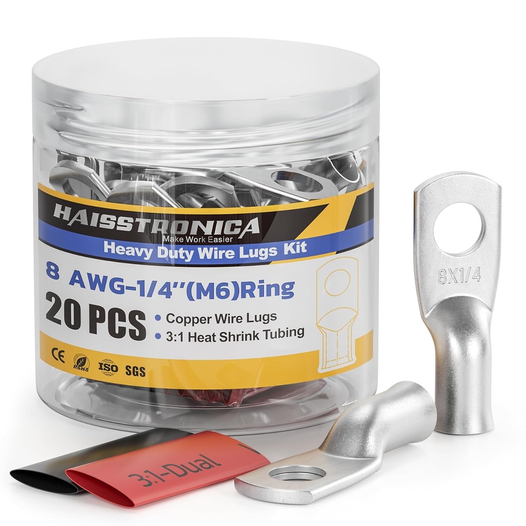 haisstronica 10pcs 8 AWG - 1/4" (M6) Tinned Copper Battery Lugs, Heavy Duty Copper Wire Lugs with 10pcs 3:1 Adhesive Heat Shrink Tubing,8 Gauge Wire Lugs,Tinned Copper Battery Cable Ends