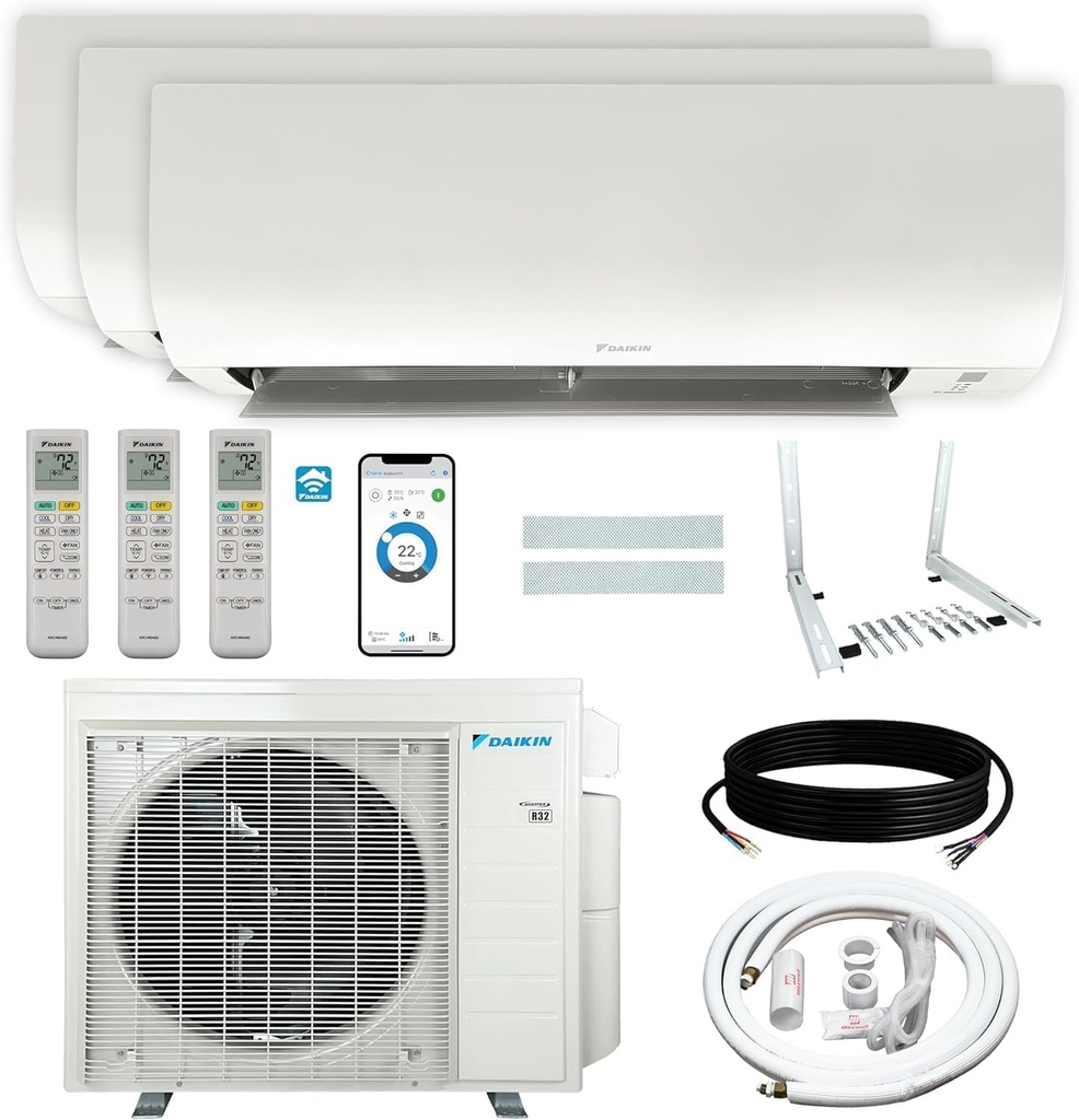 Daikin 24,000 BTU (9K + 9K + 12K) 21SEER2 3-Zone Mini Split Air Conditioner Heat Pump R-32 System with Maxwell 15 ft. Installation Kit and Wall Mounting Bracket