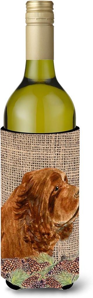 Caroline's Treasures SS4099LITERK Sussex Spaniel on Faux Burlap with Pine Cones Wine Bottle Hugger Bottle Cooler Sleeve Hugger Machine Washable Collapsible Insulator Beverage Insulated Holder