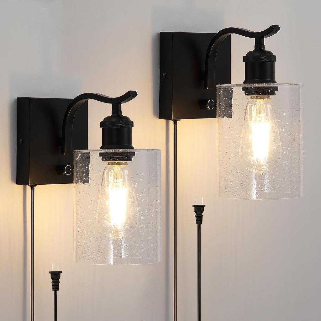 Set of 2 Plug in Black Wall Sconces,Farmhouse Bathroom Wall Mount Light,Vanity Lighting Fixtures with Seeded Glass Shade,Indoor Metal Wall Lamp for Living Room Bedroom Kitchen Hallway