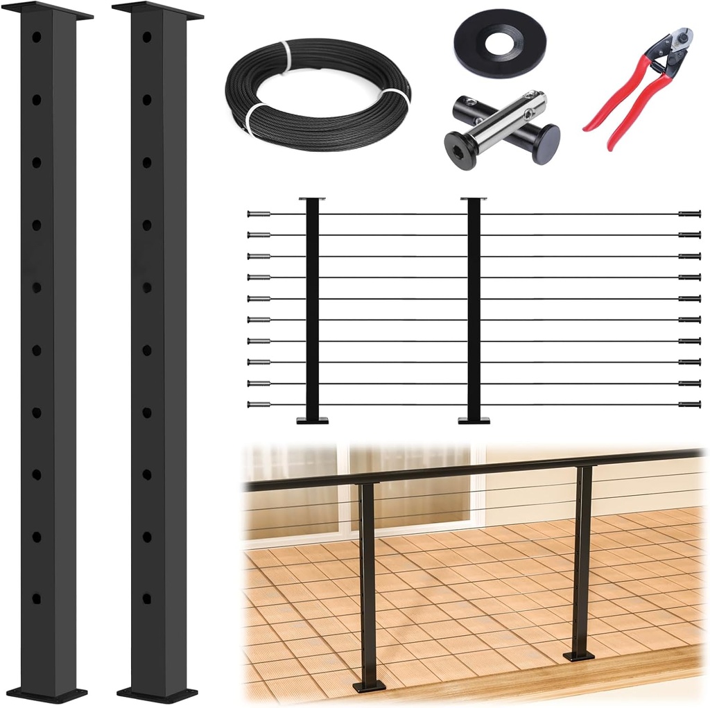 Muzata 5-10FT Modular Black Cable Railing Kit 36 Inch 2 Level Post Kit Complete Set Cable Railing System for Decks Length Adjustable Easy DIY with Paper User Guide (No Handrail) RWS2 BH4S