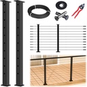 Muzata 5-10FT Modular Black Cable Railing Kit 36 Inch 2 Level Post Kit Complete Set Cable Railing System for Decks Length Adjustable Easy DIY with Paper User Guide (No Handrail) RWS2 BH4S