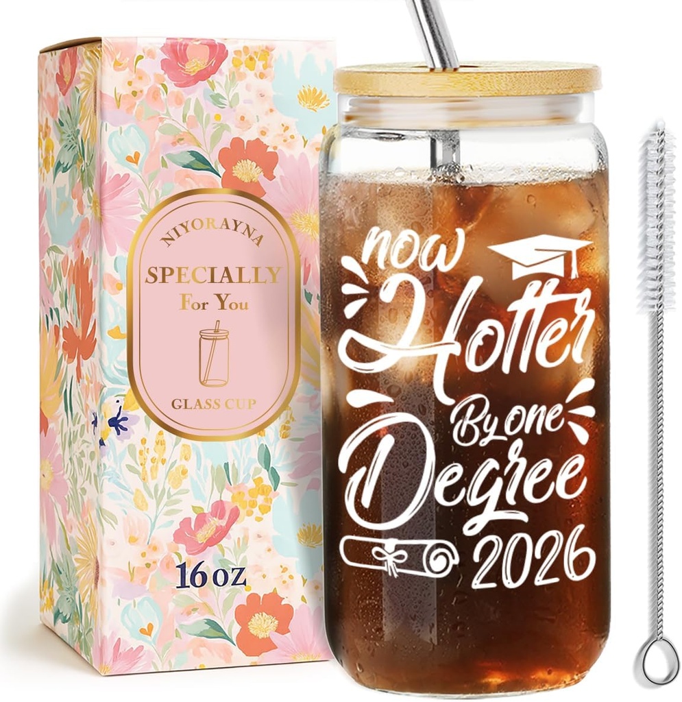 Now Hotter By One Degree,Est 2026 Funny Glass Cup Graduation Gifts for Women Men Her Him,Birthday Graduation Cups Gift for Bechelor Master Docter,Ice Coffee Glass Tumbler with Lid and Straw -6