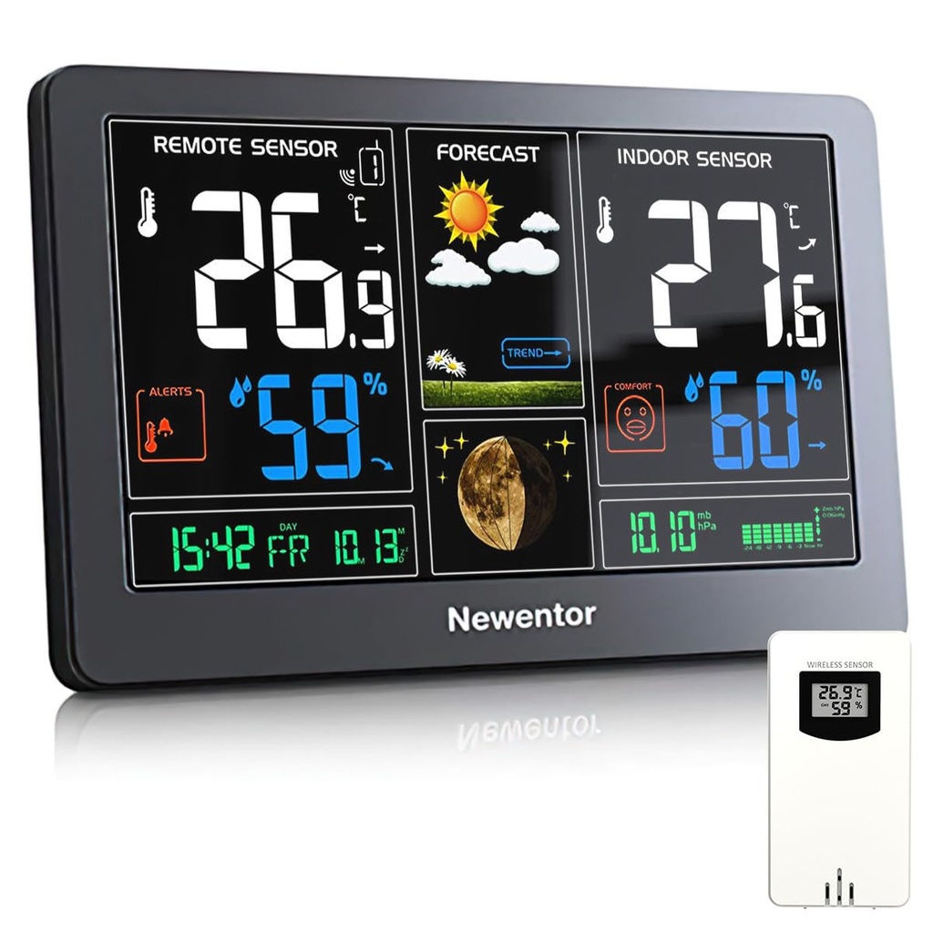 Newentor Weather Station Wireless Indoor Outdoor Thermometer, Color Display Digital Weather Thermometer with Atomic Clock, Barometric Pressure, Forecast Station with Adjustable Backlight, Black