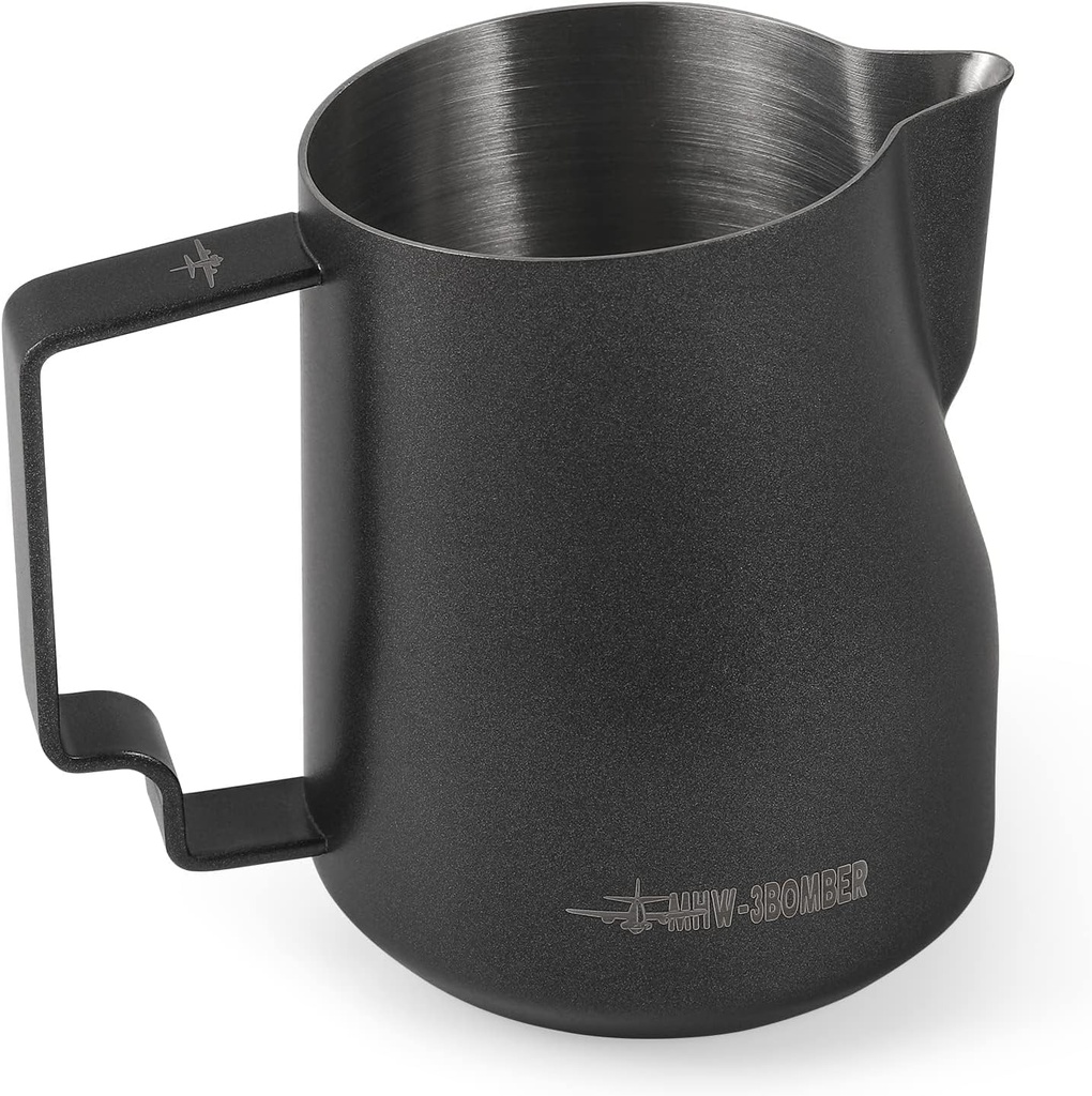 MHW-3BOMBER Milk Frothing Pitcher 12oz Milk Frother Cup Espresso Steaming Pitcher Stainless Steel Milk Frother Cup Barista Latte Art Round Spout Milk Jug, Black P6007MB-OS