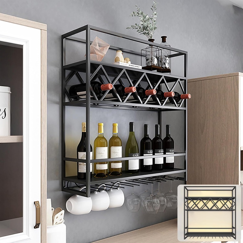Wall-Mounted Wine Bottle Rack with Glass Holder, Industrial Bar Display with LED Light, Multi-Hook Shelves for Kitchen & Wine Cellar Storage (Black)