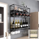 Wall-Mounted Wine Bottle Rack with Glass Holder, Industrial Bar Display with LED Light, Multi-Hook Shelves for Kitchen & Wine Cellar Storage (Black)
