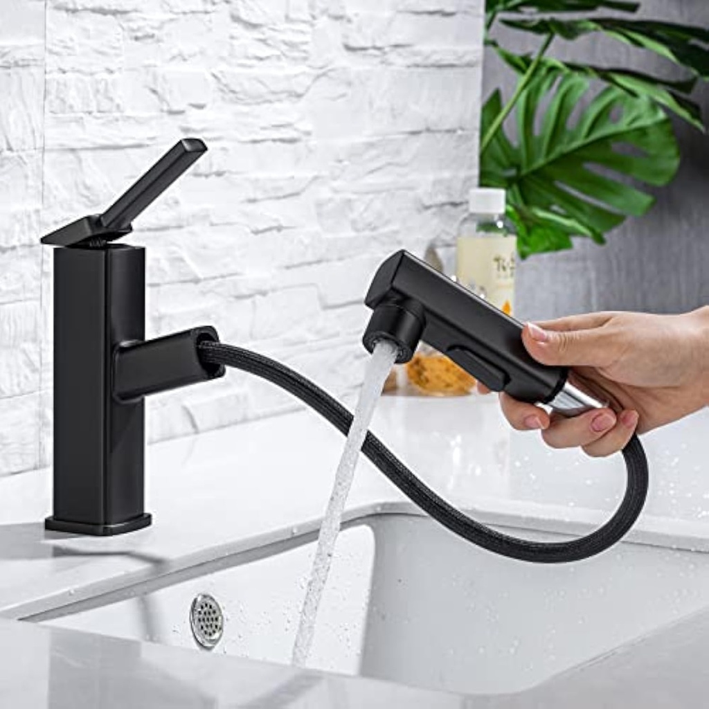 HANLIAN Single Hole Pull Out Faucet for Bathroom Sink, Black Sink Faucet Bathroom, One Handle Modern Restroom Tap with Pull Down Sprayer, 3 Modes Washroom Pull Out Tap with Rotating Spout