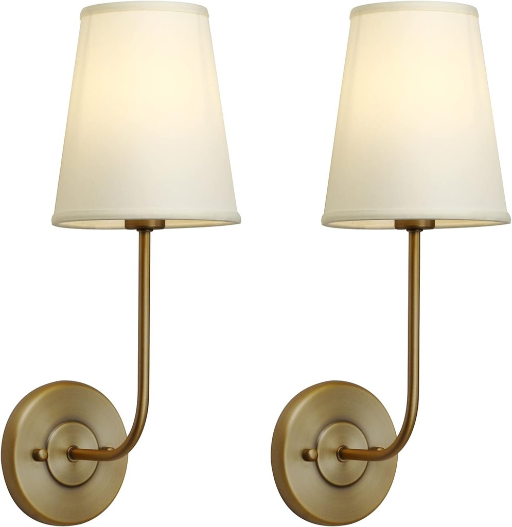 Pathson Hardwired Wall Sconces Set of 2, Cream-Yellow Fabric Shade Not White, Modern Bathroom Wall Vanity Light for Bedroom Living Room (Antique Brass)
