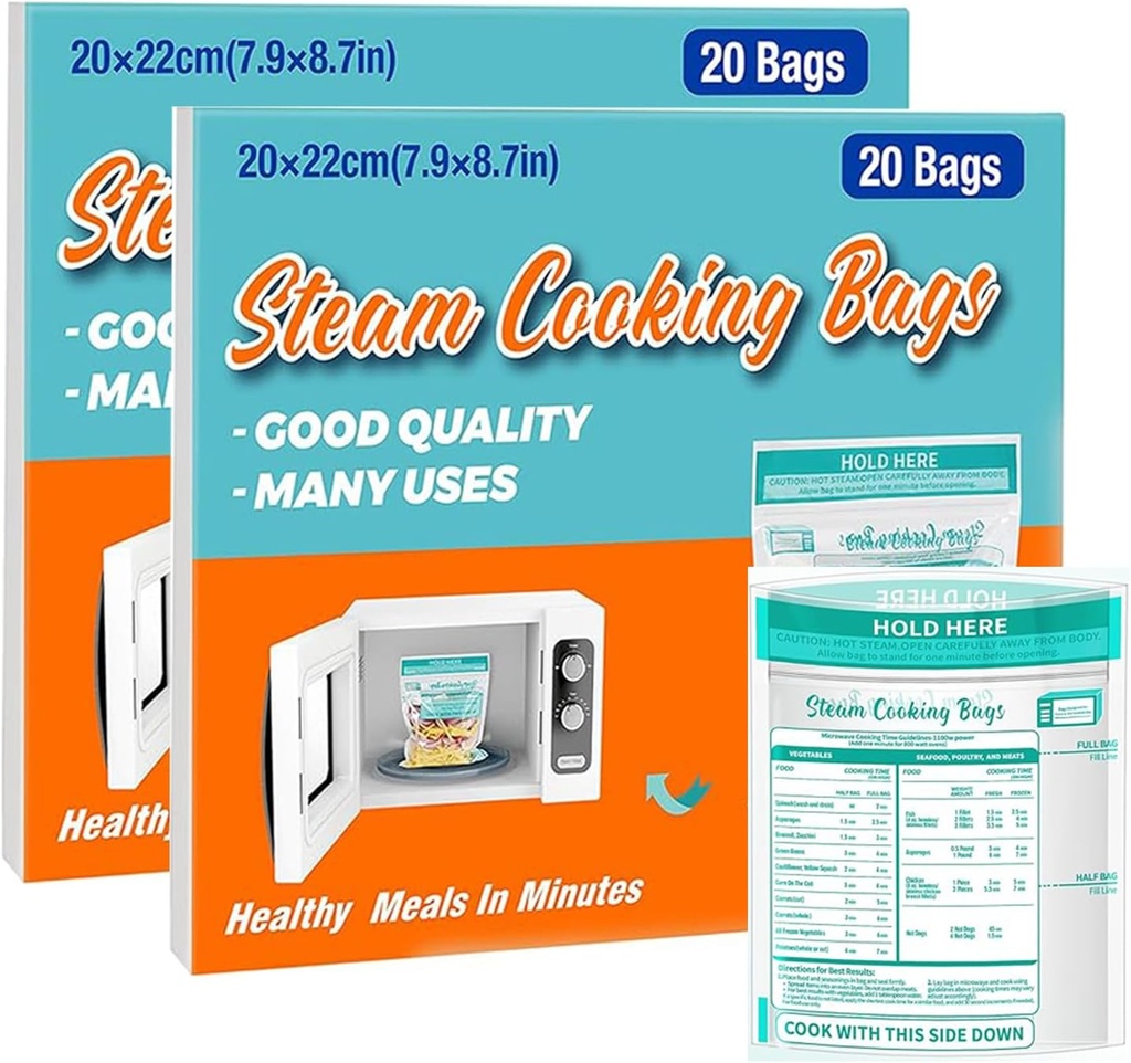 Microwave Steamer Bags 40×Zipper Steam Cooking Bags Large Size for Fresh Vegetables Potatoes and Meat Fast Easy Way to Cooking (40BAGS)