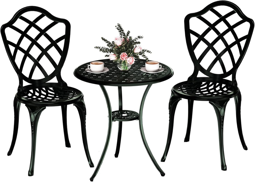 3 Piece Patio Bistro Set, Outdoor Bistro Table and Chairs Set of 2 w/Umbrella Hole, Rust-Resistant Cast Aluminum Bistro Set for Garden/Balcony/Backyard, Green