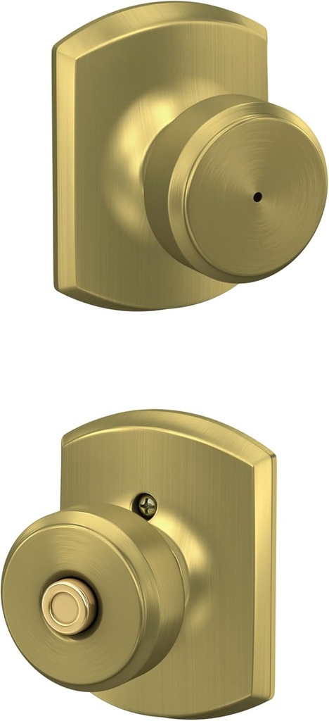 Schlage F40 BWE 608 GRW Bowery Door Knob with Greenwich Trim, Bed & Bath Privacy Lock, Satin Brass