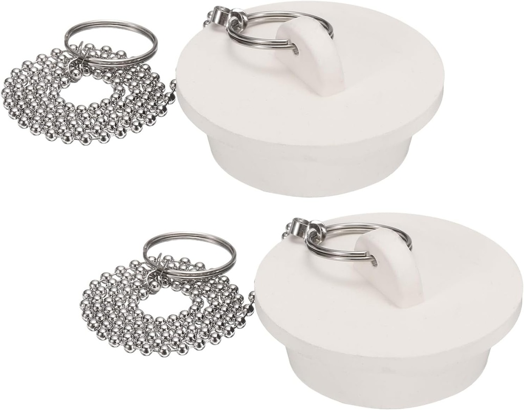 uxcell 2Pcs Tub Stoppers, Rubber Bathtub Stoppers 1-5/8" Kitchen Sink Drain Stopper, Bathroom Drain Plug with Pull Ring and 15" Stainless Steel Beaded Chain, White