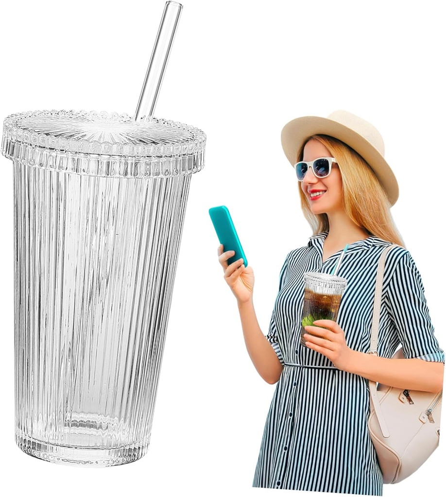 Wakauto Vertical Stripe Glass Cup with Lid and Straw Reusable Drinking Glass for Iced Coffee Cocktails Juice Tea Stylish Spill Resistant Tumbler for Everyday Use
