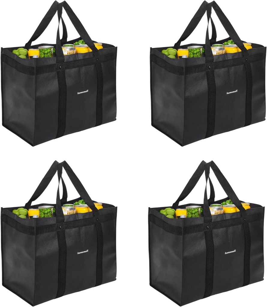 Homemell Heavy Duty Reusable Grocery Bags, Large Collapsible Tote Bag Holds 100 LBS, Extra-Strength Premium Material (Black, 4-Pack)