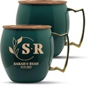 Custom Copper Moscow Mule with Smooth Painted Finish - Personalize Engraved Bar Style 100% Copper Cup with Custom Monogram Engraving, Brass Handle | 18 oz, Green | Set of 2