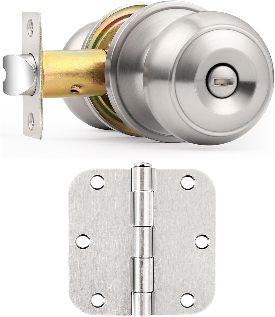 Probrico 6 Brushed Nickel Bedroom Bathroom Door Knobs and 18 Brushed Nickel Door Hinges Bundle Set, 3.5 X 3.5 Inch Door Hinges Rounded 5/8" Radius Corners