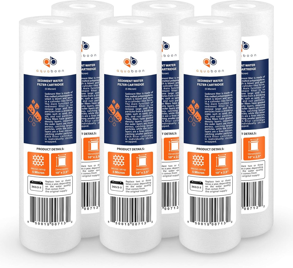 Aquaboon 5 Micron 10 x 2.5 Sediment Filter - Whole House Water Filter Replacement Compatible with Well Water Filters - P5, AP110, WHKF-GD05, 6 Pack