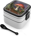 Mushroom Bento Box Adult Lunch Box All-in-One Lunch Containers with Removable Compartments Double Layer Bento Lunch Box with Spoon And Handle Stackable Lunchbox