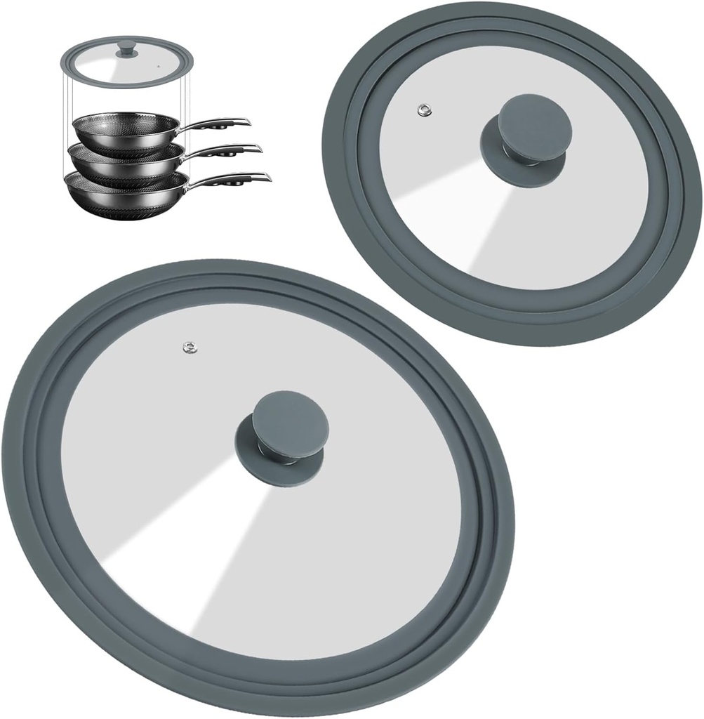 Universal Lid for Pots, Pans, and Skillets - 2 Pack Silicone Replacement Pan Lid Fits 7", 8" 9" & 10", 11", 12" Cookware - Tempered Glass Pot Lid Cover for Frying Pans, Cast Iron, CrockPot