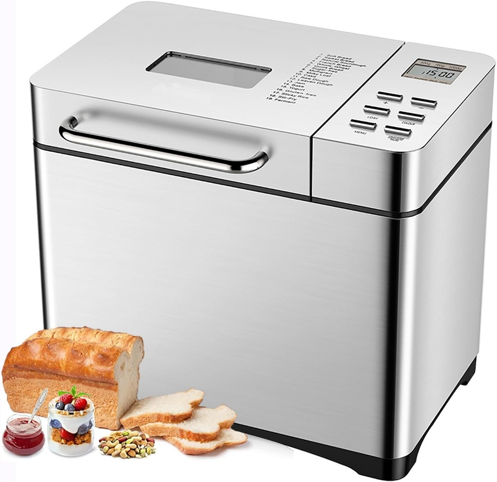 Bread Machine Professional Large Automatic Bread Maker with Nonstick Ceramic Pan, LCD Touch Panel, 17 Smart Programs, 15 Hours Timer and 3 Loaf Sizes for Breakfast, Picnic