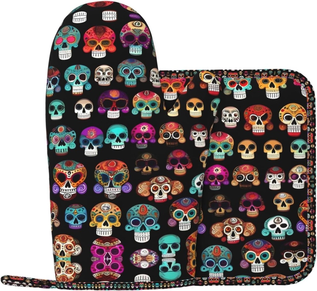 Mexican Colourful Skull Oven Mitts and Pot Holder 2-Piece Set,for Cooking Barbecue, Pot Lid, Microwave,Heat-Resisting