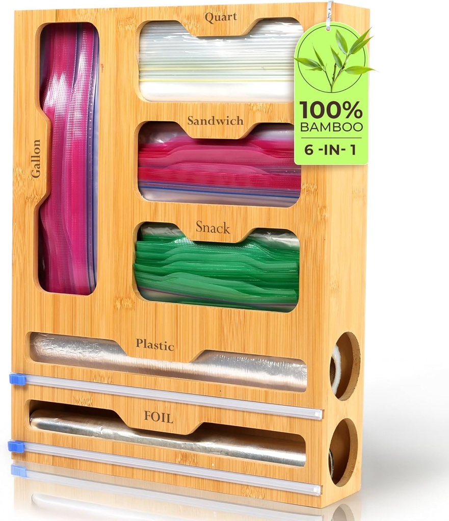 Burcha 6-in-1 Storage Bag Organizer for Plastic Bagg, Sandwich Bag Organizer for Kitchen Drawer and Wall, Bamboo Foil and Plastic Wrap Organizerr with Cutter, For Gallon Quart Snack (17 X 13 X 3.5)