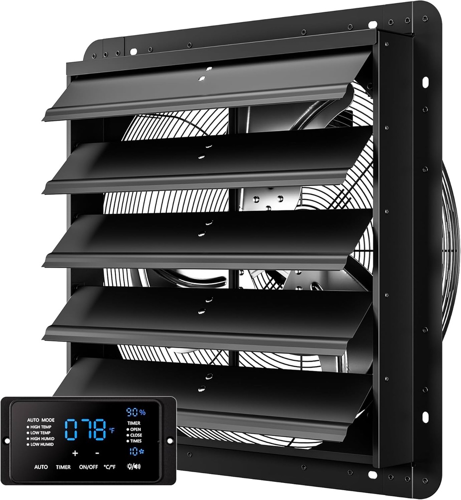 20 Inch EC Motor Shutter Exhaust Fan, 6 Inch Large Touchscreen Controller for Temp Humidity and Speed Control, 10-Speed Wall Mount Fan for Attic, Greenhouse, Garage, Chicken Coop Ventilation