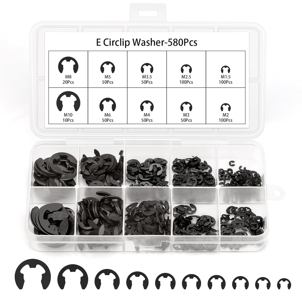 580PCS Black Alloy Steel E-Clip Assortment Kit, E-Clip Assortment Set Include 10 Sizes, Retaining Rings for Bearings, Gears, Pulleys, Axles (M1.5-M10)