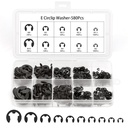 580PCS Black Alloy Steel E-Clip Assortment Kit, E-Clip Assortment Set Include 10 Sizes, Retaining Rings for Bearings, Gears, Pulleys, Axles (M1.5-M10)