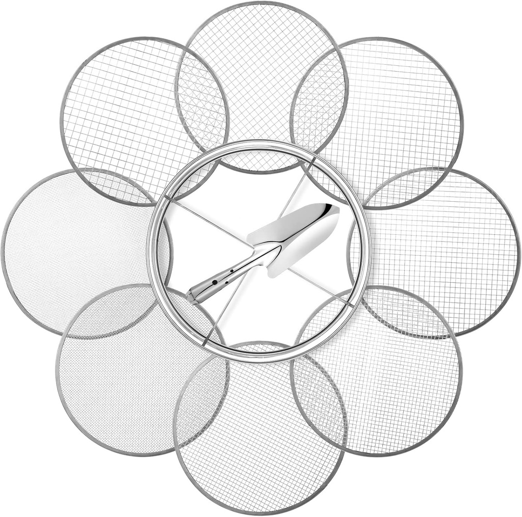 Bonuci 10 Pcs 12 Inch Soil Sieve Stainless Steel Sieve Set Garden Soil Sifter Potting Mix Sifter with 8 Interchangeable Filter Mesh 2, 3, 5, 6, 7, 9, 10, 12 mm and Shovel for Garden Compost(Silver)