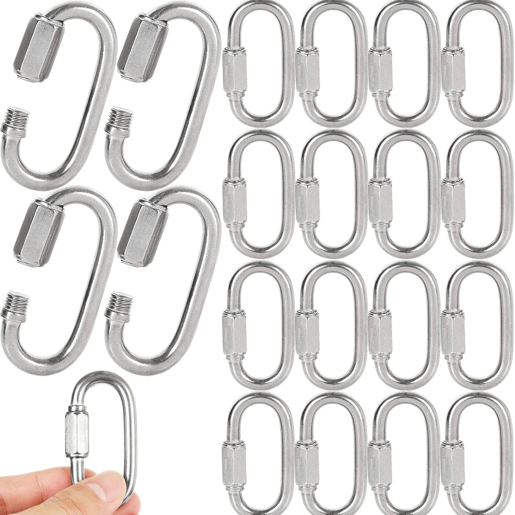 20PCS 1/4 inch Stainless Steel Chain Links, M6 Oval Quick Link Carabiner, Small Threaded Quick Chain Clip, Rope Connector for Camping, Hiking, Swing, Hammocks, Outdoor & Gym - 620lbs Load
